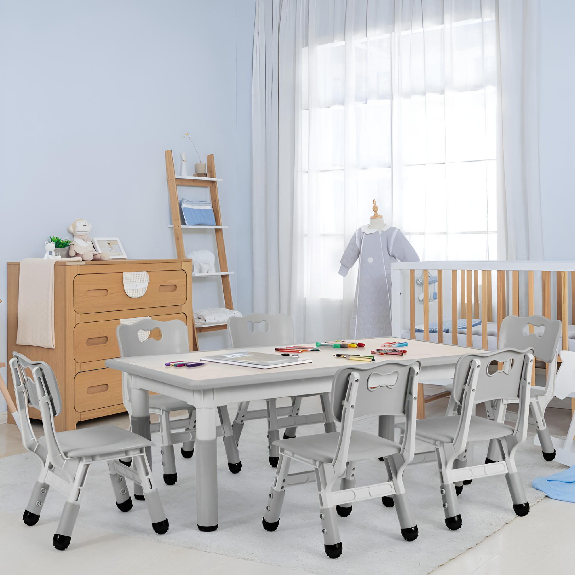 Kids Adjustable Table And 6 Chairs Set