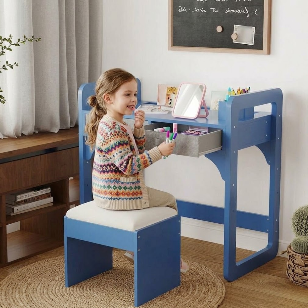 Kids Study Desk And Chair Set With Storage Drawer With Soft Stool