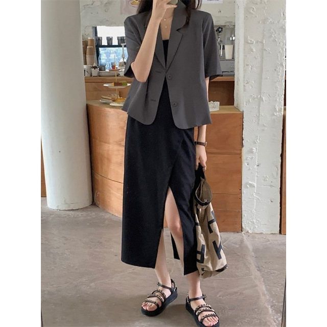 Dark Gray Cropped Blazer Button‑Down Casual Office‑Style Short Suit Jacket