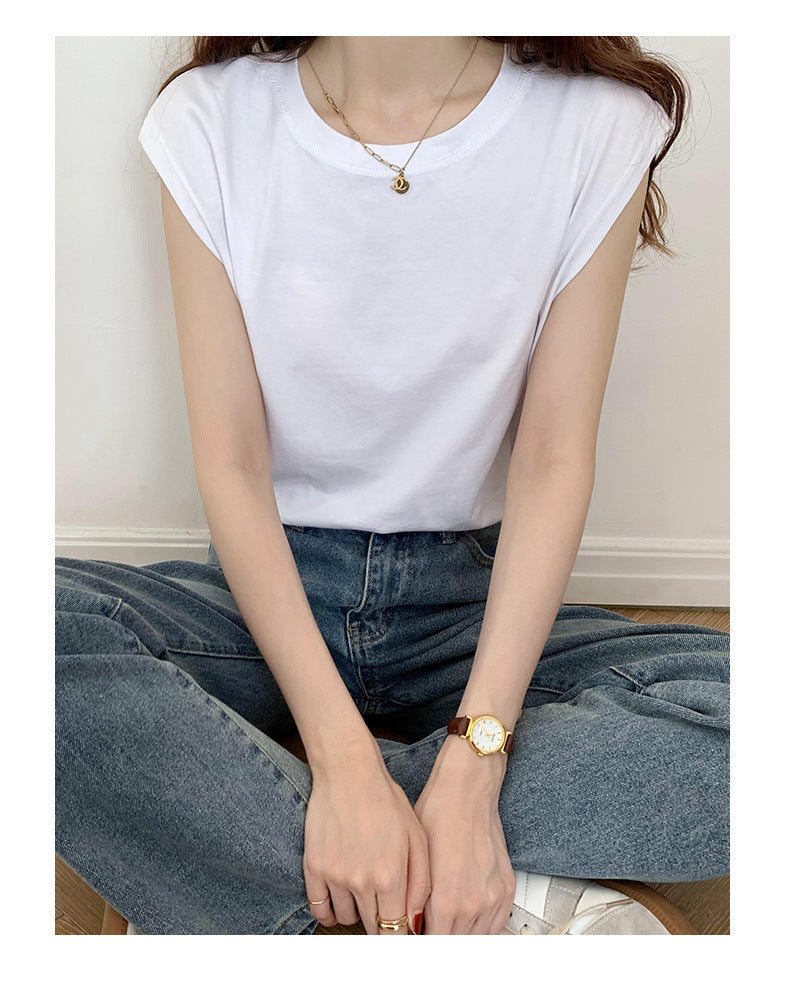 Women’s Basic Cap Crew Neck T‑Shirt White Casual Slim‑Fit Soft Cotton Sleeveless Top