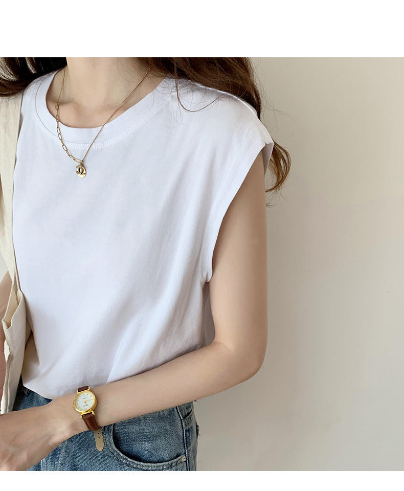 Women’s Basic Cap Crew Neck T‑Shirt White Casual Slim‑Fit Soft Cotton Sleeveless Top
