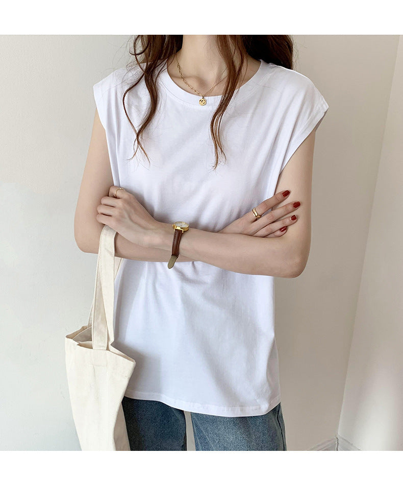 Women’s Basic Cap Crew Neck T‑Shirt White Casual Slim‑Fit Soft Cotton Sleeveless Top