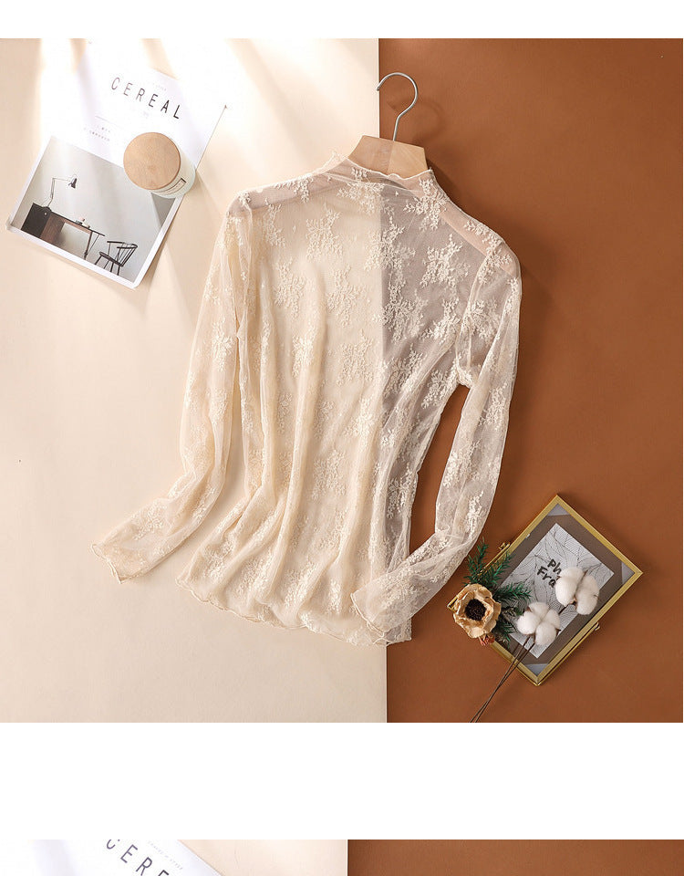 Women’s Sheer Floral Lace Long Sleeve Top Beige Ruffle Trim Mesh Layering Blouse