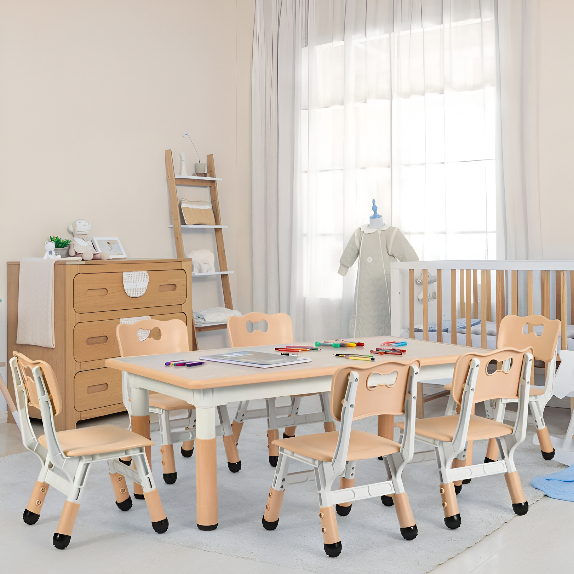 Kids Adjustable Table And 6 Chairs Set