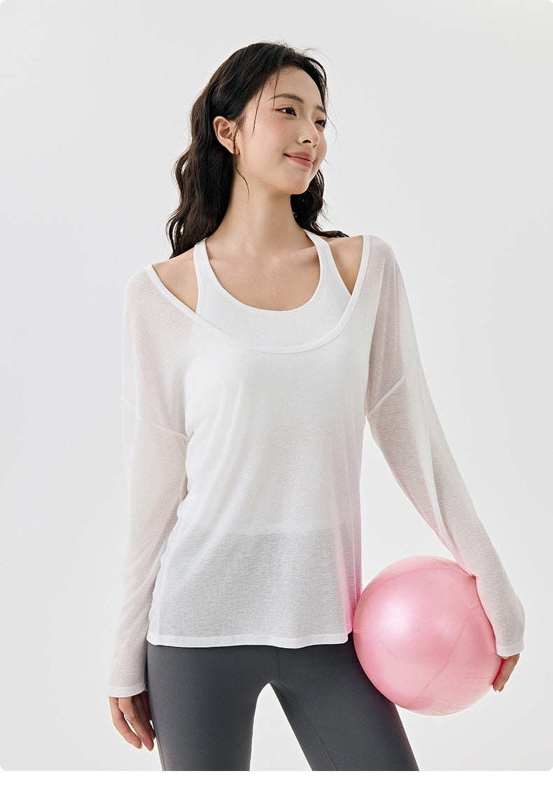Women’s Long Sleeve Top Cami Set White Loose‑Fit Yoga Workout Layering Outfit