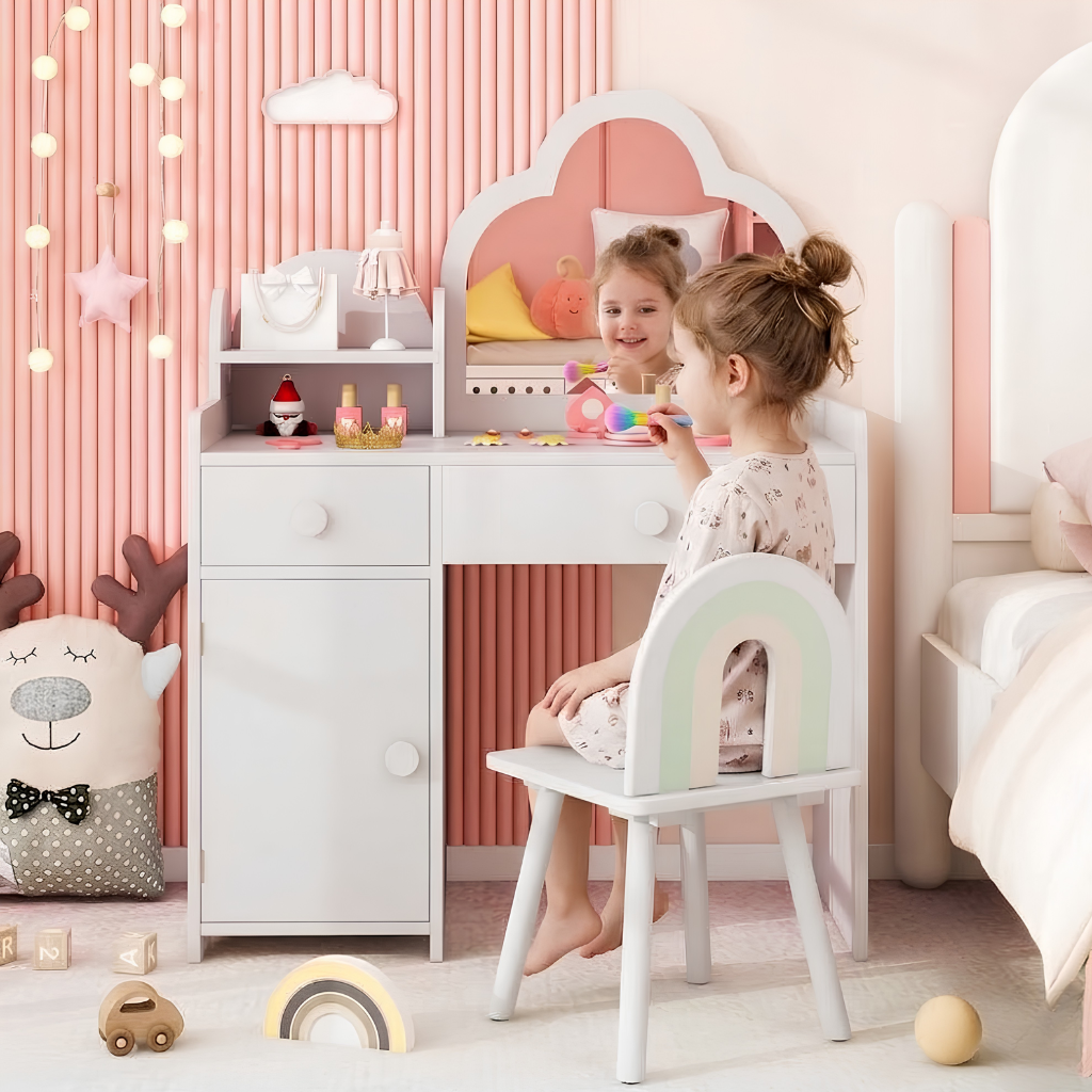 Kids Table And Chair Set With Cloud Shaped Mirror And Open Shelf Storage Drawers