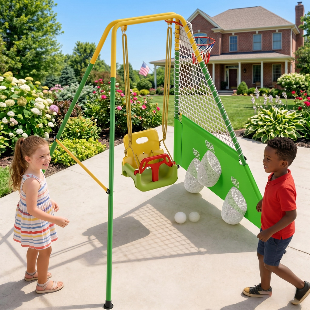 3 In 1 Toddler Swing Set With Basketball Hoop And Soccer Goals With Foldable Metal Stand