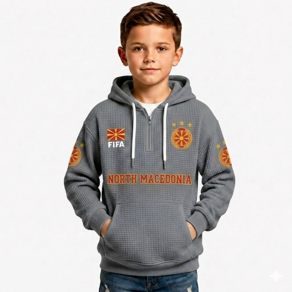 FIFA 2026 North Macedonia Printed Waffle Quarter Zip Kids Football Fan Hoodie
