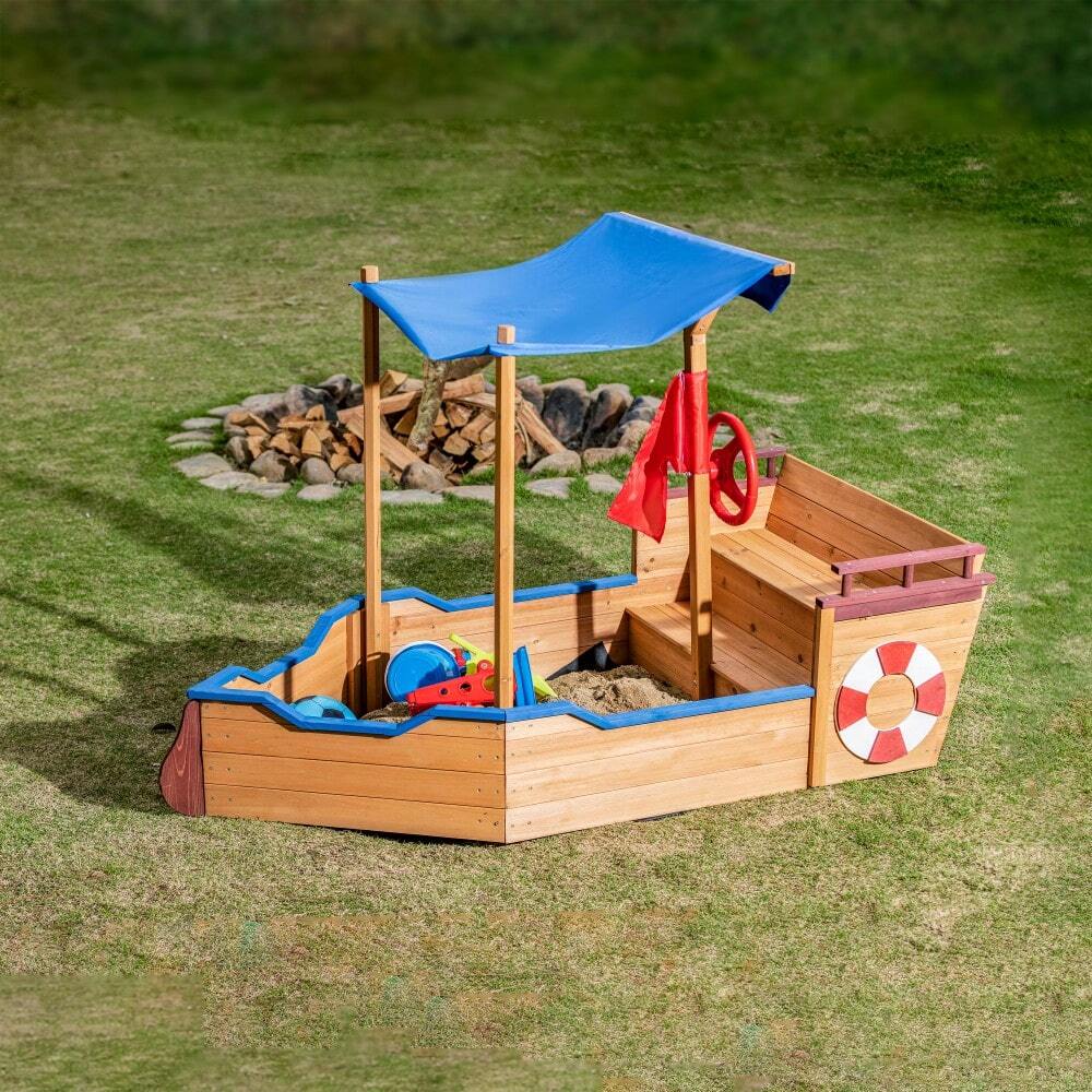 Kids Pirate Ship Sandbox With Canopy And Storage Bench