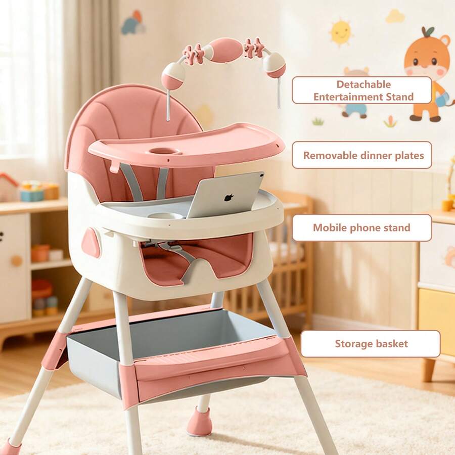 Kids Foldable Adjustable Recline Footrest High Chair With Double Tray And Locking Wheels Gift
