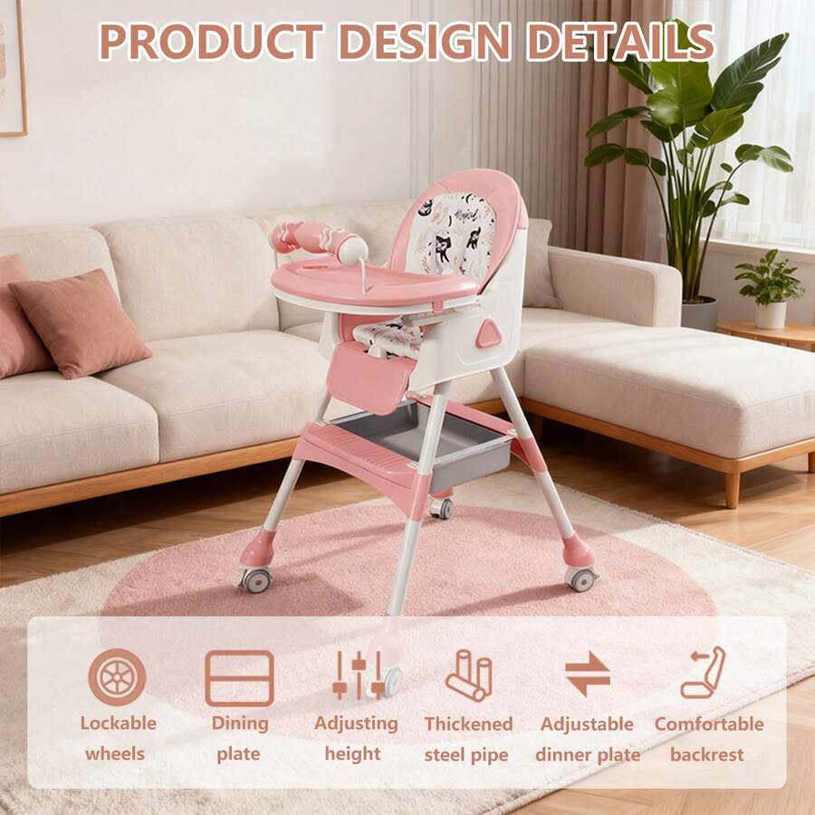 Kids Foldable Adjustable Recline Footrest High Chair With Double Tray And Locking Wheels Gift