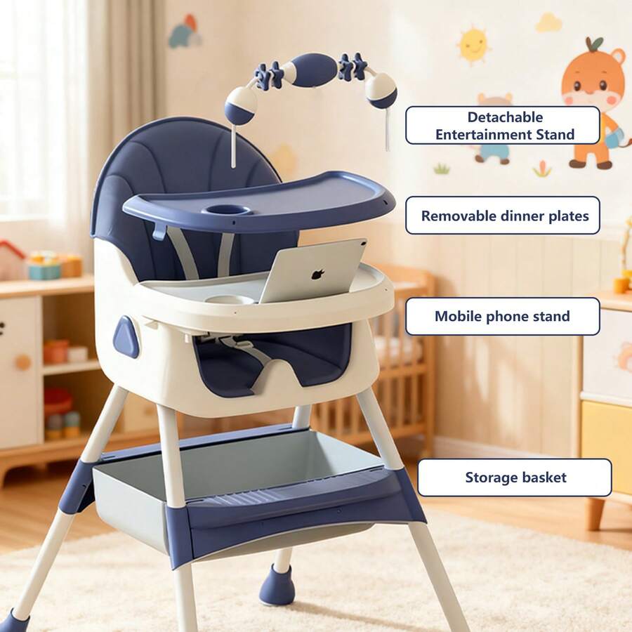 Kids Foldable Adjustable Recline Footrest High Chair With Double Tray And Locking Wheels Gift