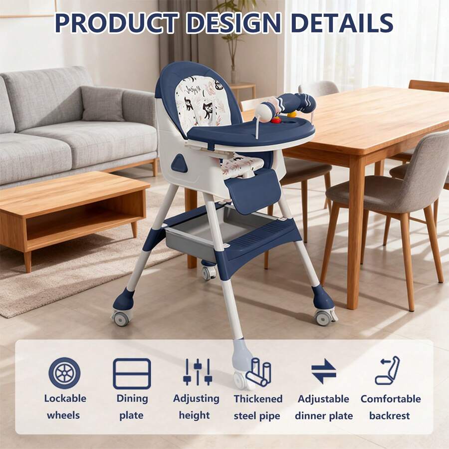 Kids Foldable Adjustable Recline Footrest High Chair With Double Tray And Locking Wheels Gift
