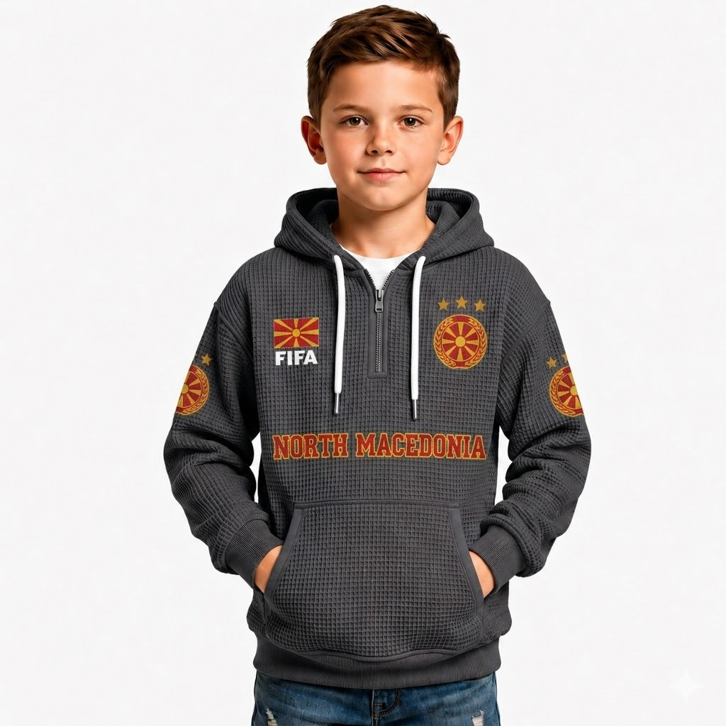 FIFA 2026 North Macedonia Printed Waffle Quarter Zip Kids Football Fan Hoodie