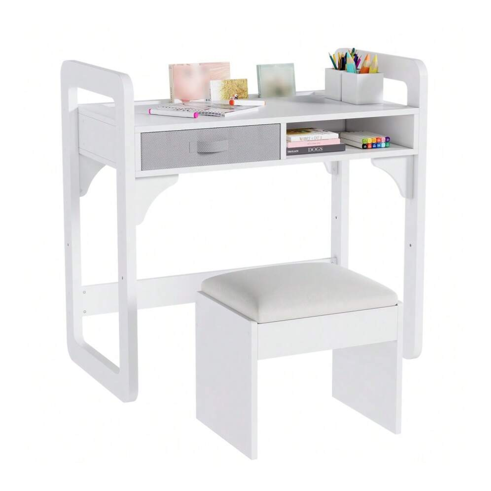 Kids Study Desk And Chair Set With Storage Drawer With Soft Stool