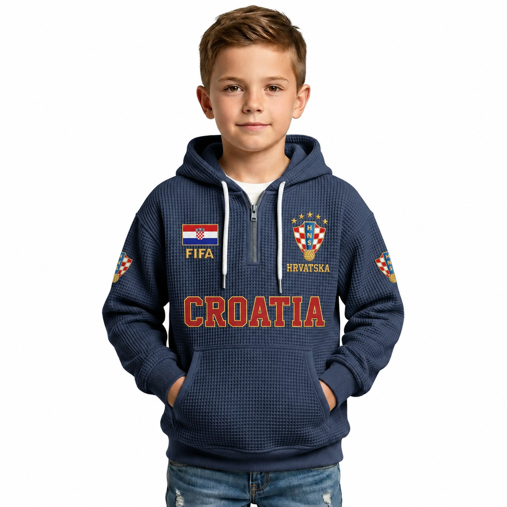 FIFA 2026 Croatia Printed Waffle Quarter Zip Kids Football Fan Hoodie