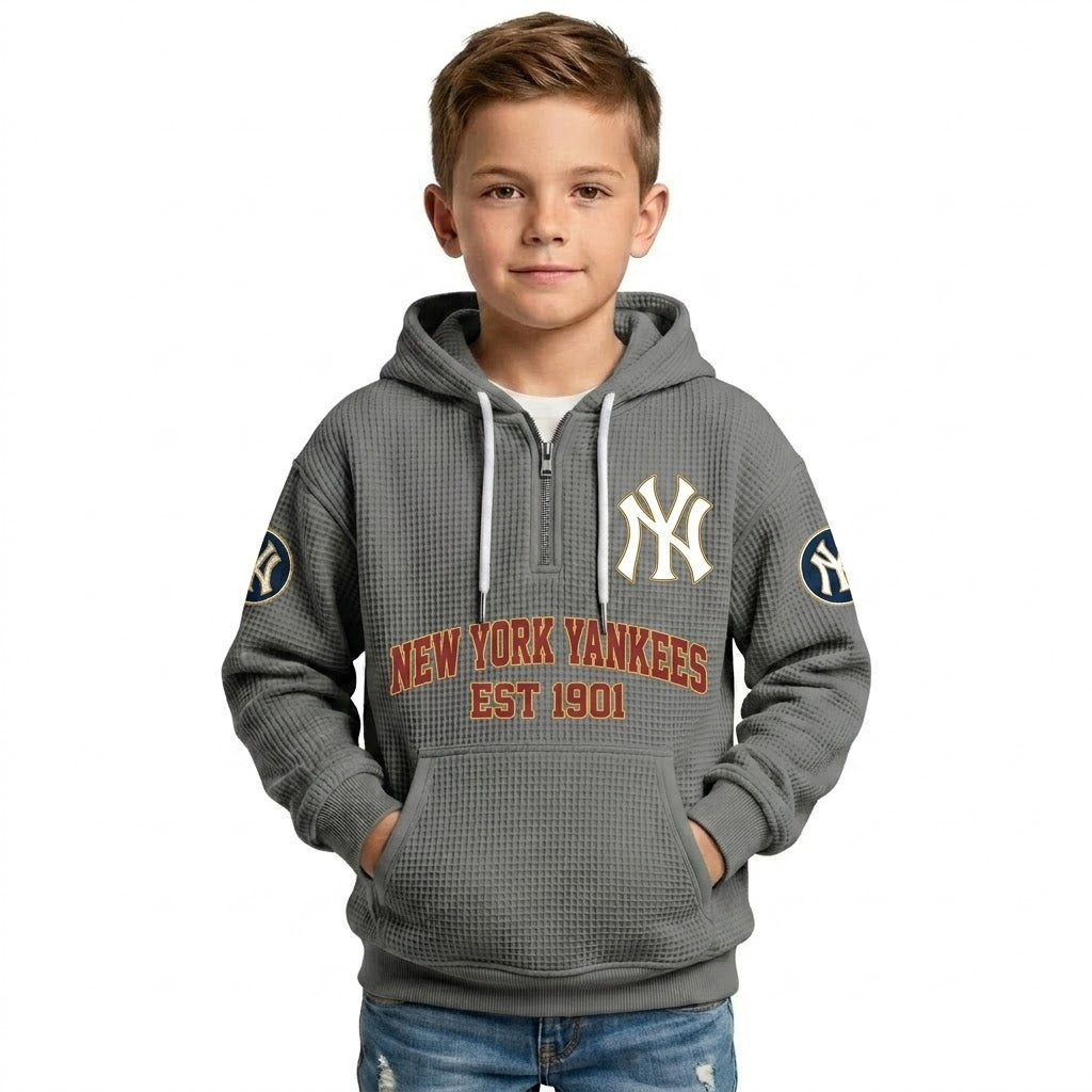 New York Yankees EST 1901 Kids Baseball Fan Printed Waffle Quarter Zip Hoodie