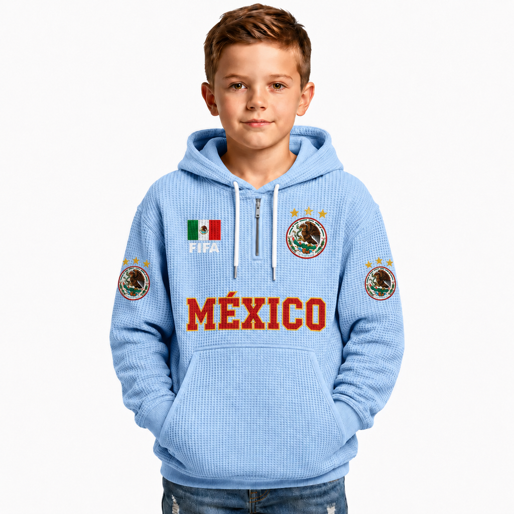 FIFA 2026 Mexico Printed Waffle Quarter Zip Kids Football Fan Hoodie