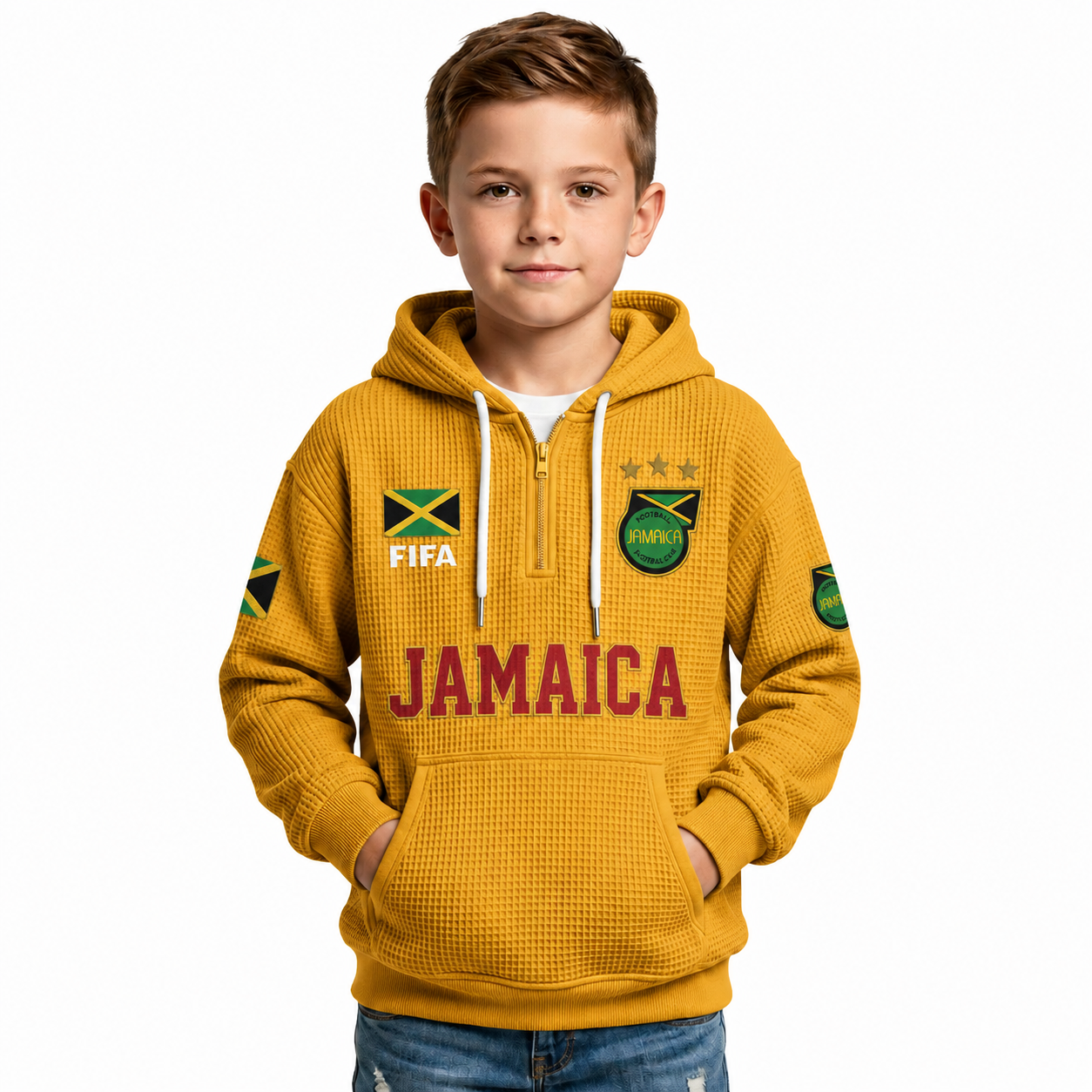 FIFA 2026 Jamaica Printed Waffle Quarter Zip Kids Football Fan Hoodie