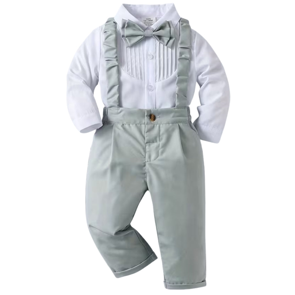 Baby Boys 2 Piece Long Sleeve Shirt And Suspender Pants Set With Bow Tie