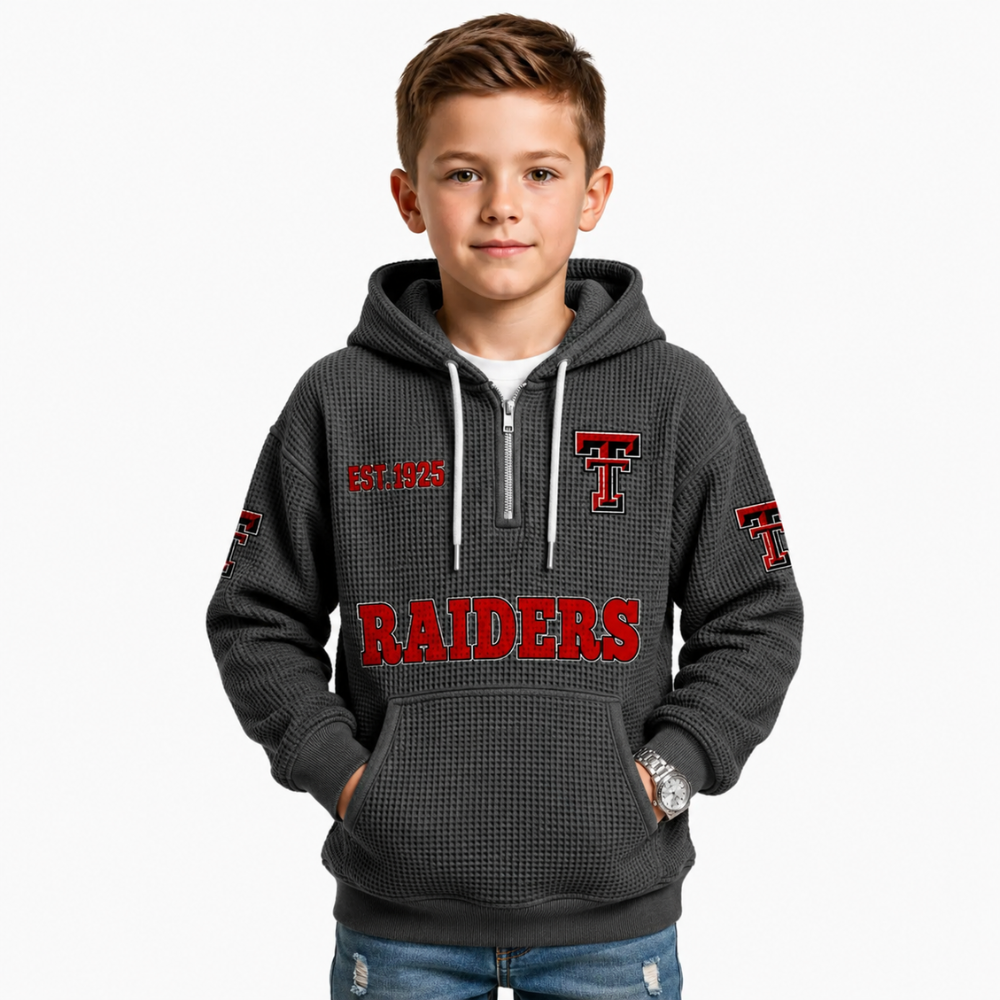 Las Vegas Raiders EST 1925 Themed Quarter Zip Waffle Kids Football Fan Hoodie