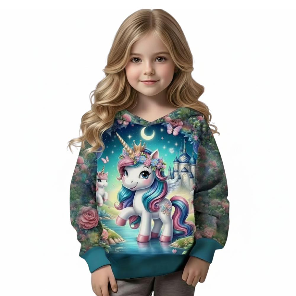 Girls Unicorn And Flower Print Hooded Sweatshirt