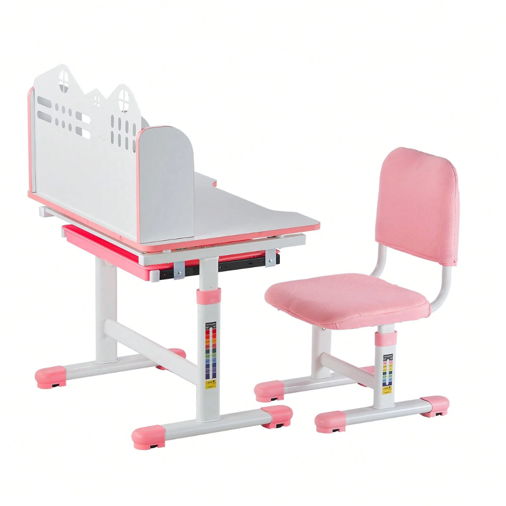 Kids Study Chair And Desk Set With Bookshelf Storage