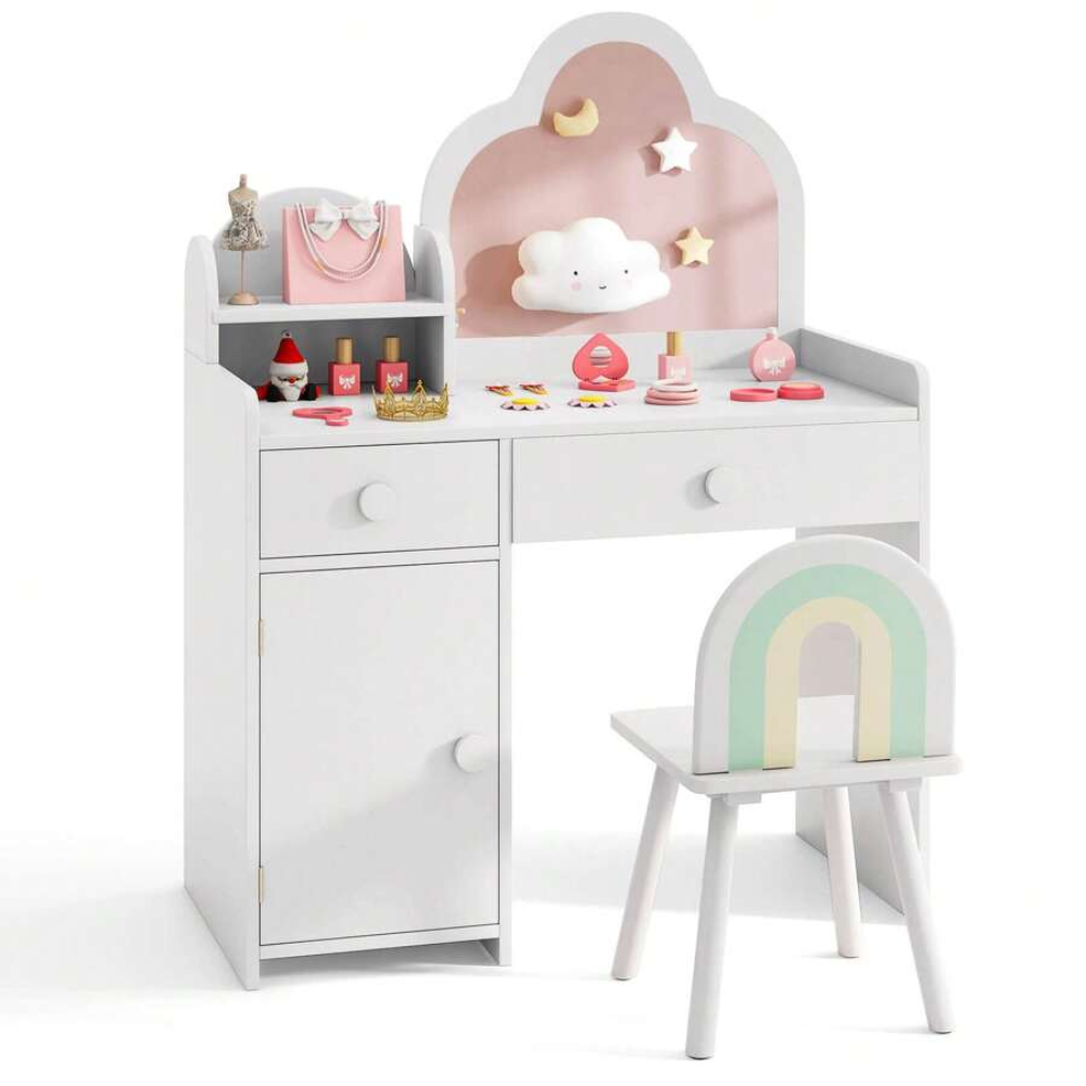 Kids Table And Chair Set With Cloud Shaped Mirror And Open Shelf Storage Drawers