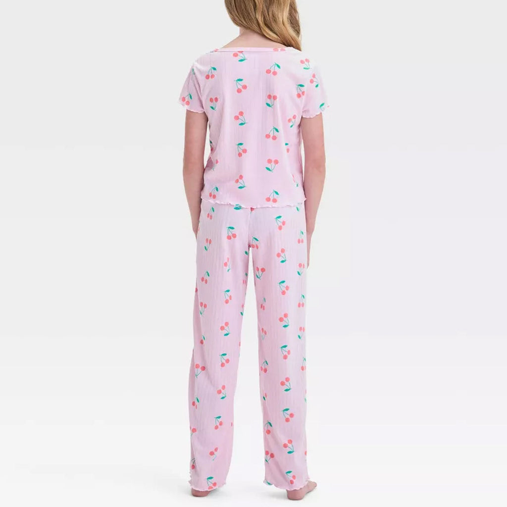 2 Piece Cherry Print Short Sleeve Top And Pajama Set