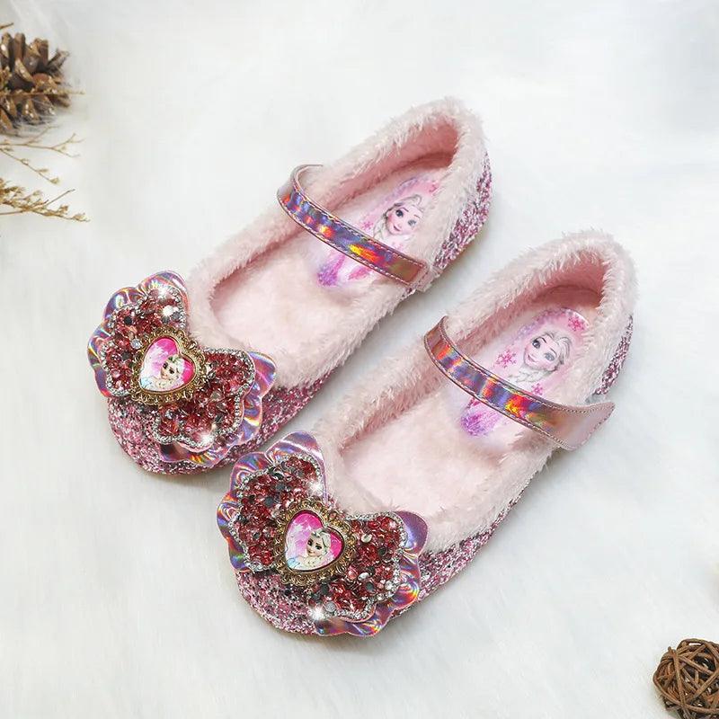 Winter Flats for Girls Sparkling Bow Glitter Shoes with Warm Lining