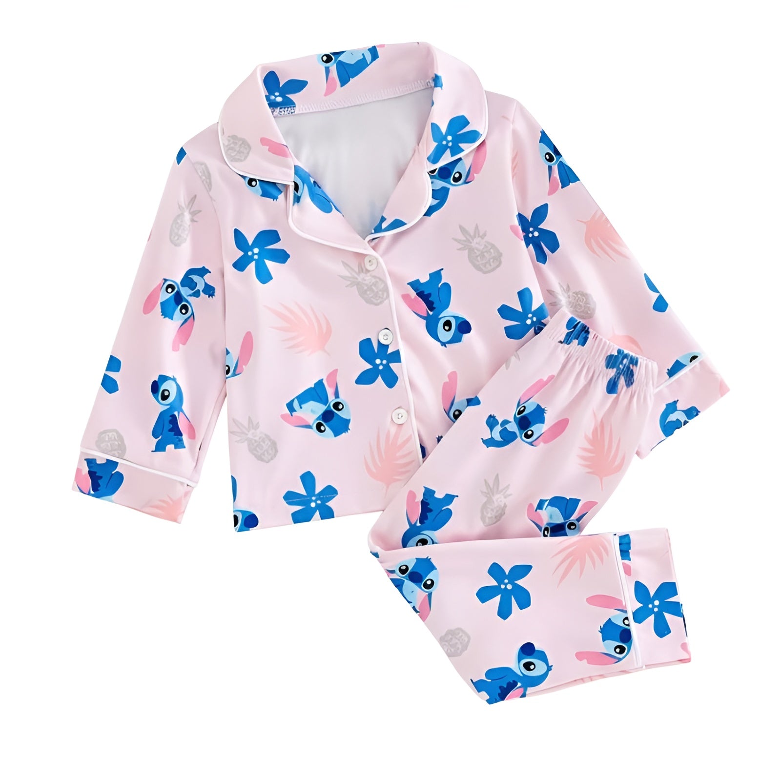Girls Stitch Printed Pajama Set With Button And Top