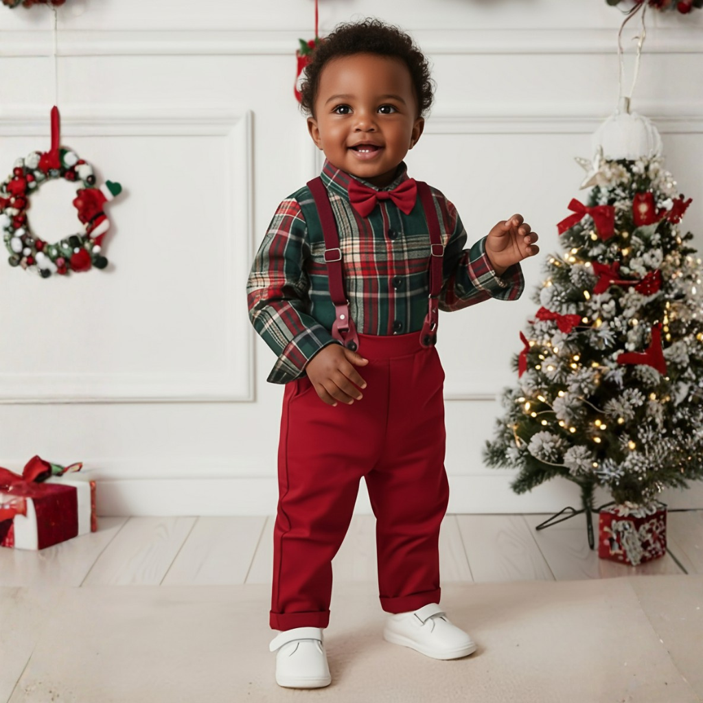 Boys Two Piece Set With Bow Tie Design Plaid Shirt And Long Pants