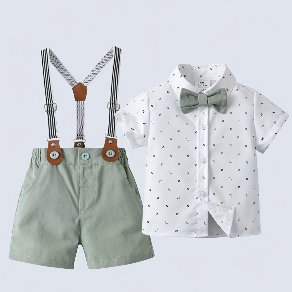 Baby Boys Short Sleeve Shirt With Bow Tie And Suspenders Shorts Set