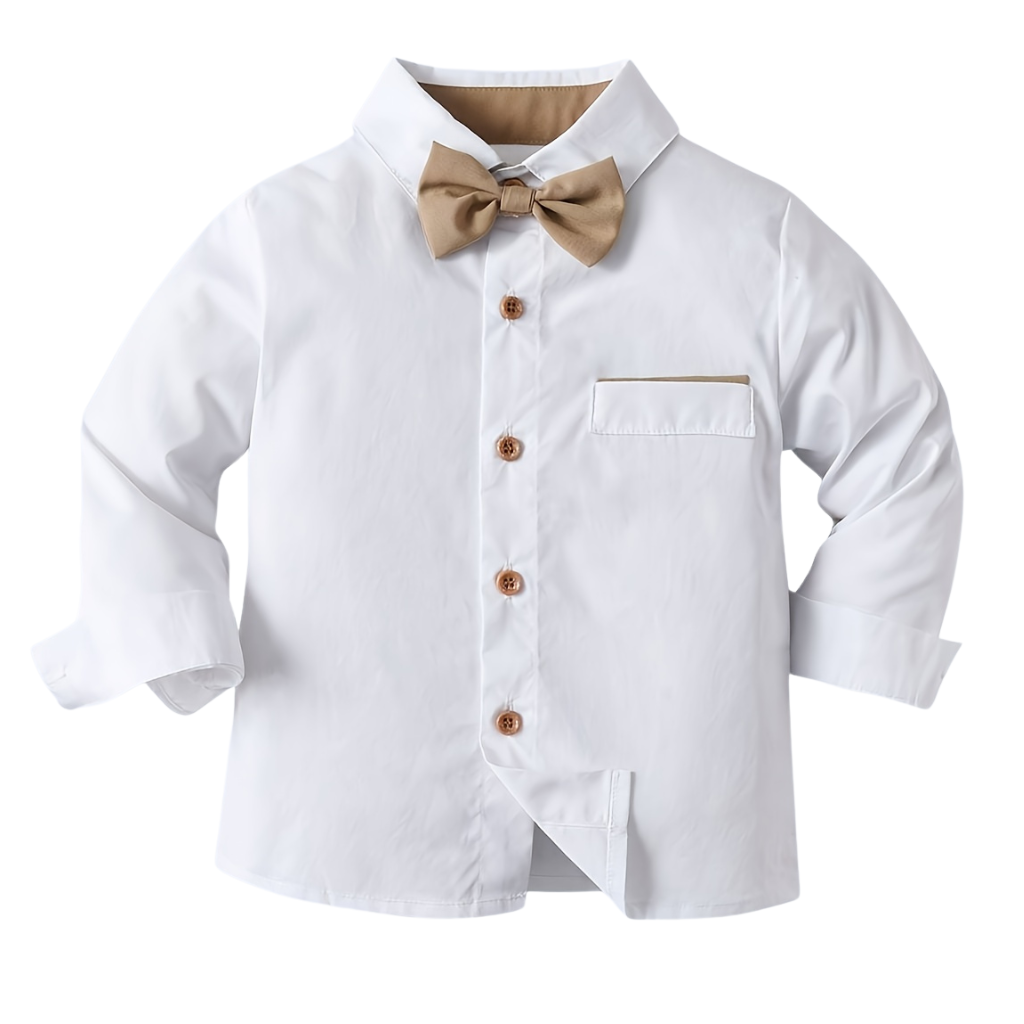 Boys Long Sleeve Button Shirt With Bow Tie And Suspender Pant Set