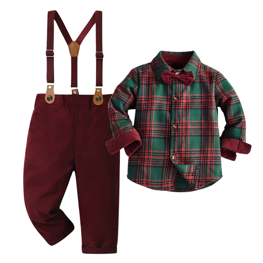 Plaid Long Sleeve Shirt And Trouser With Suspenders Set