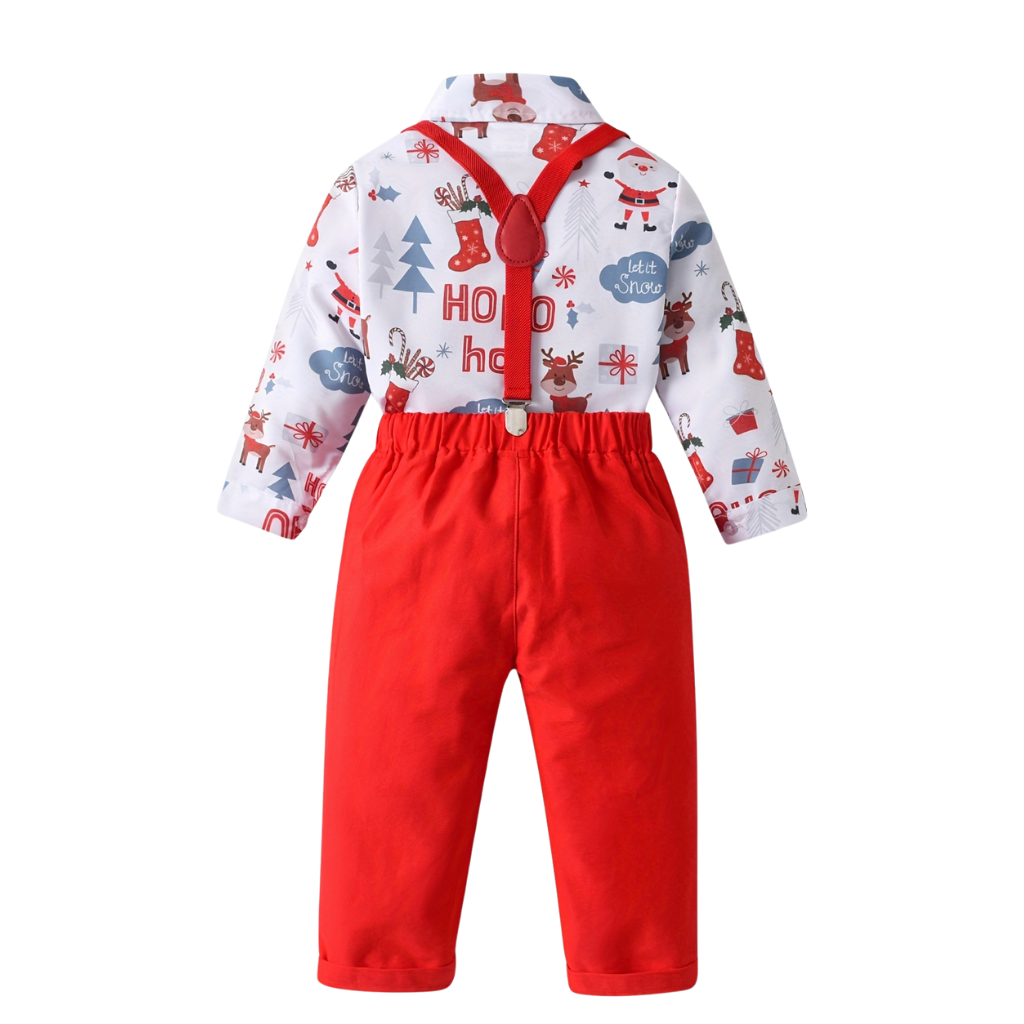 Baby Boys Christmas Festive Printed Shirt And Suspender Pants Outfit Set With Bow Tie