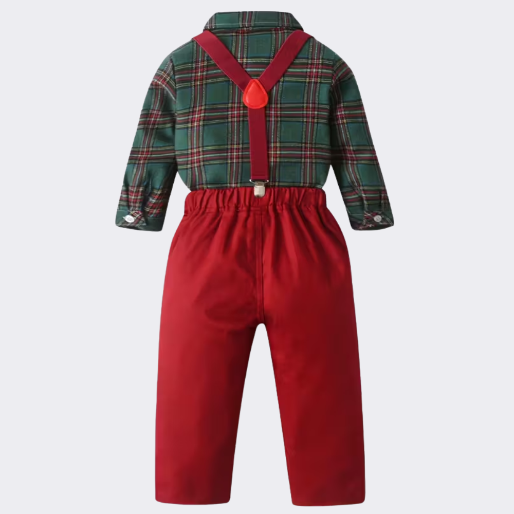 Baby Boys Plaid Shirt With Bow Tie And Suspender Pants 2 Piece Set