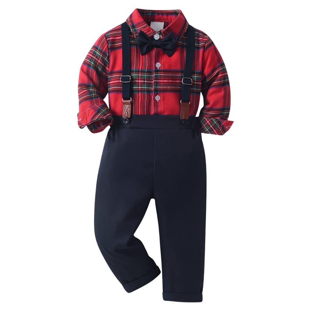 Baby Boys 2 Piece Of Christmas Long Sleeve Plaid Shirt And Suspender Pants Set
