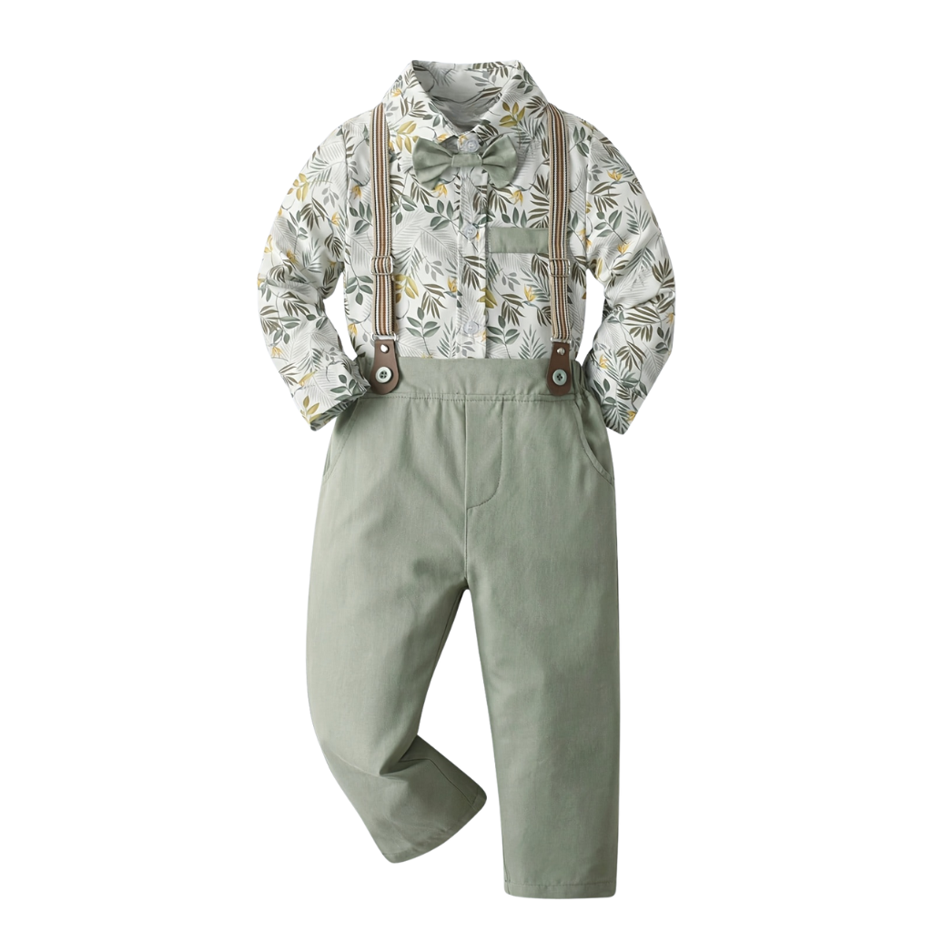 Baby Boys Printed Floral Shirt With Bow Tie And Suspender Pants Set