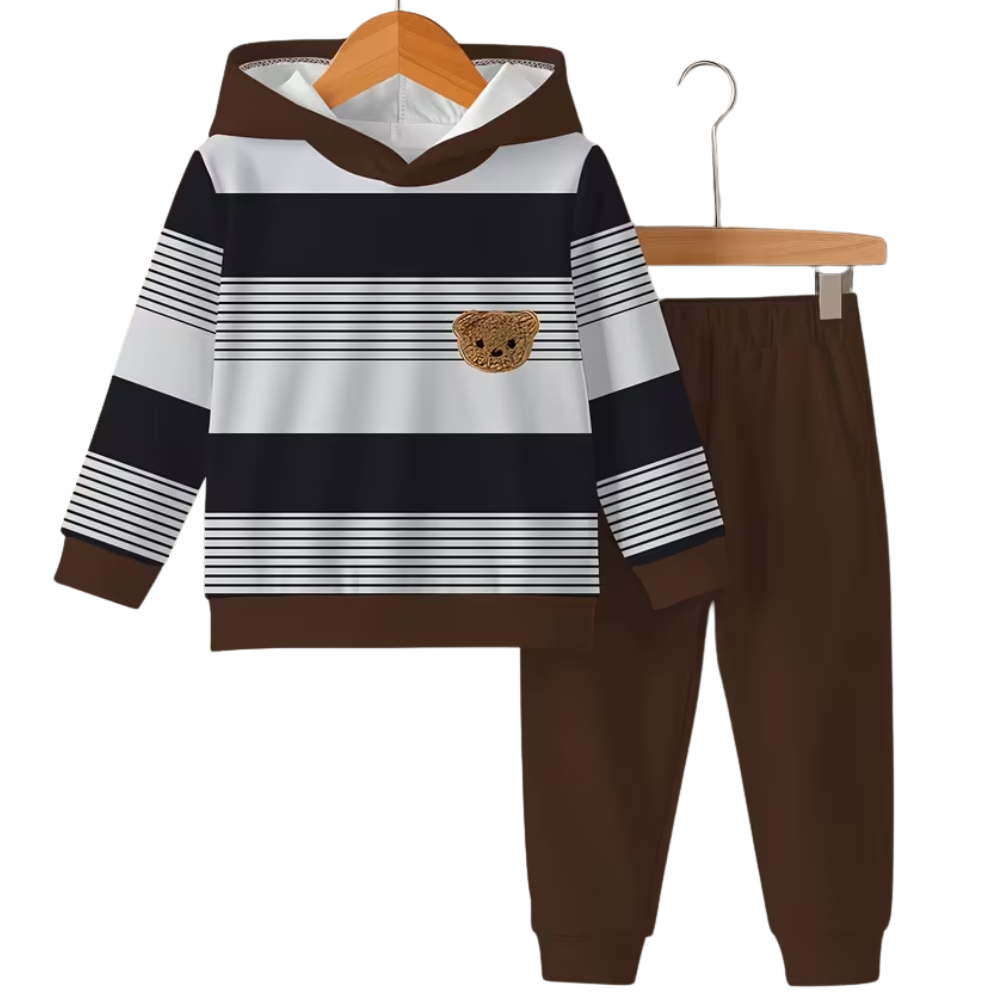 Boys Striped Hoodie And Pants Set With Bear Design