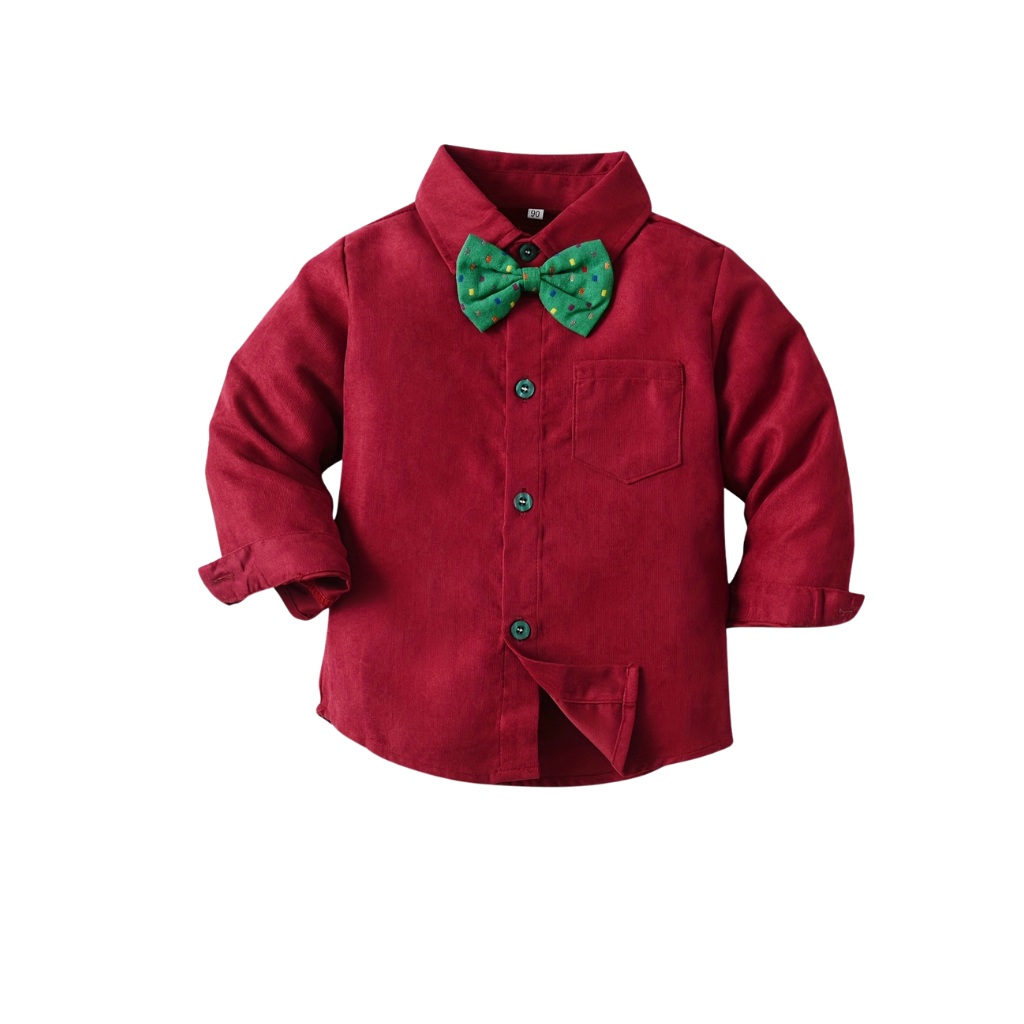 Baby Boys 2 Piece Of Christmas Long Sleeve Front Button Shirt With Bow Tie And Pants