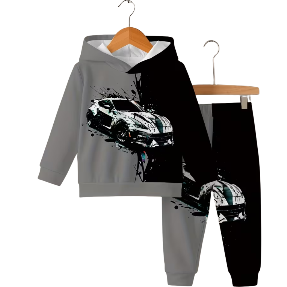 Boys Hoodie And Pants Set With Car Print Design