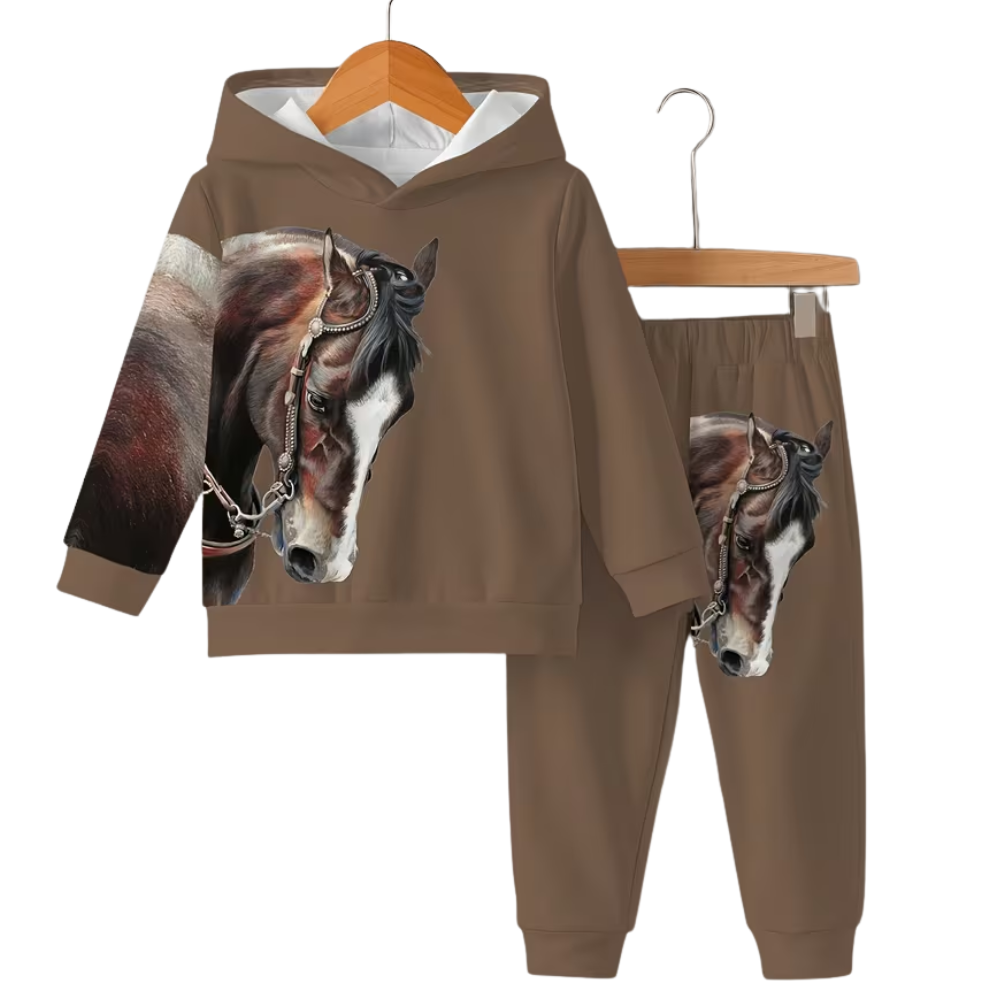 Boys Hoodie And Pants Set With Horse Print