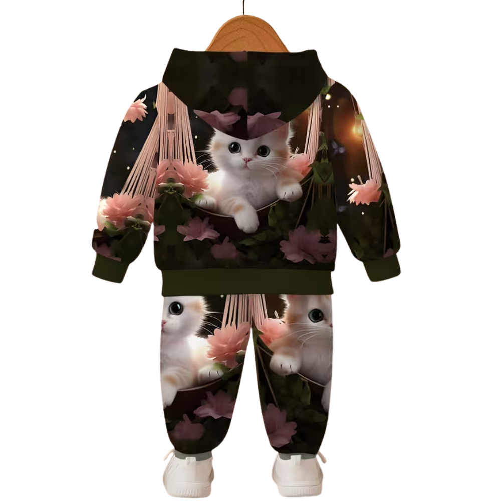 Furry Kitten Printed Hooded Sweatshirt And Pants Set