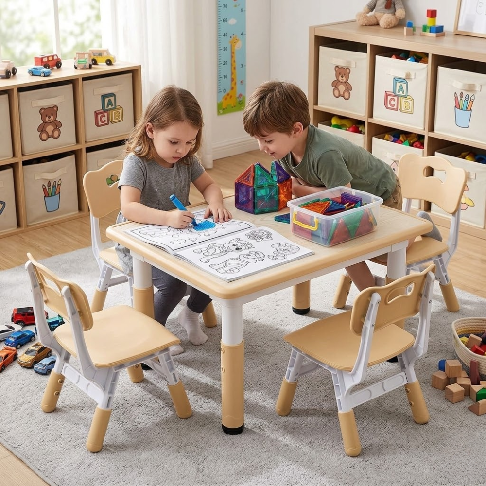 Kids Study Table And Chairs Set With Height Adjustable Design
