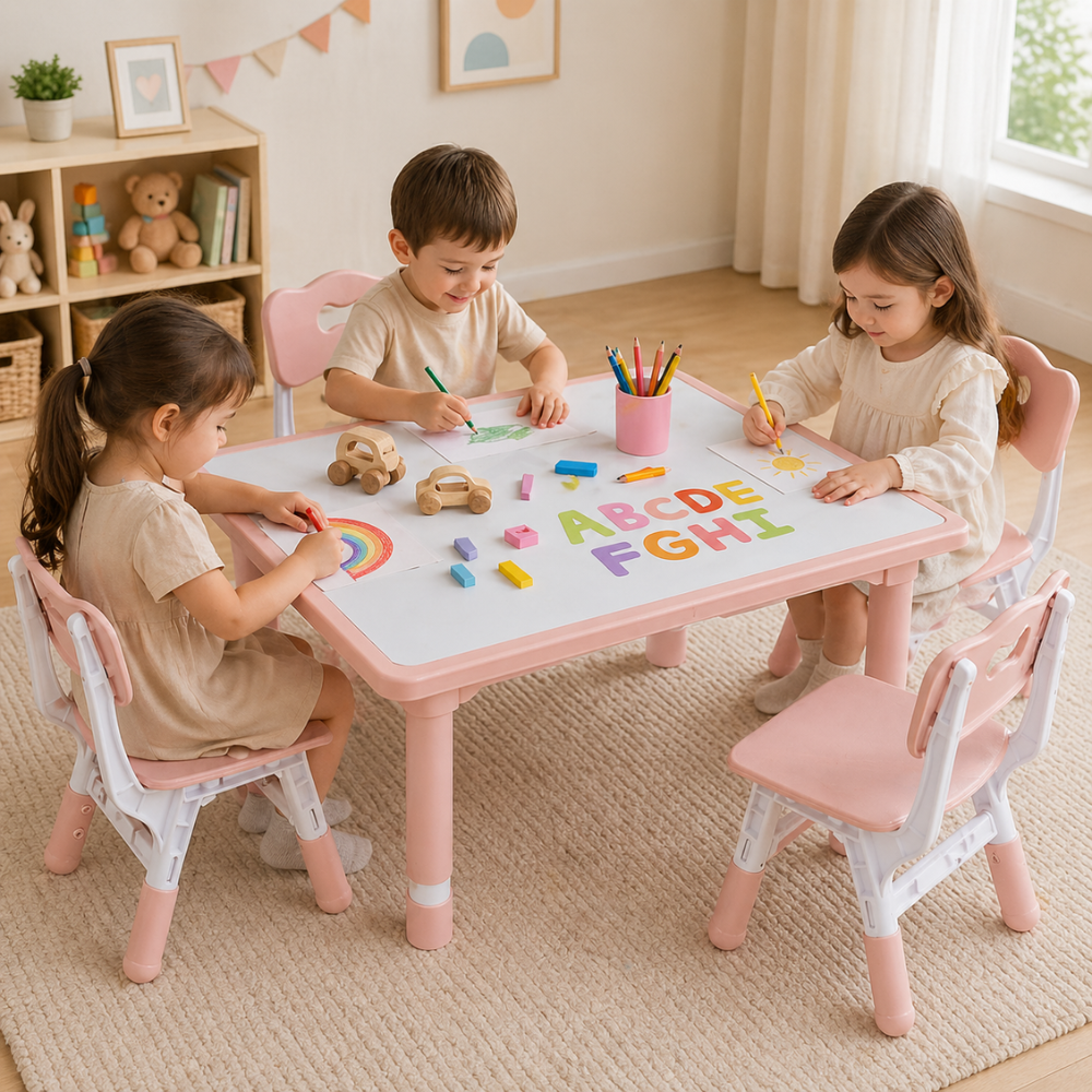 Kids Adjustable Desk And Chair Set With Graffiti Top