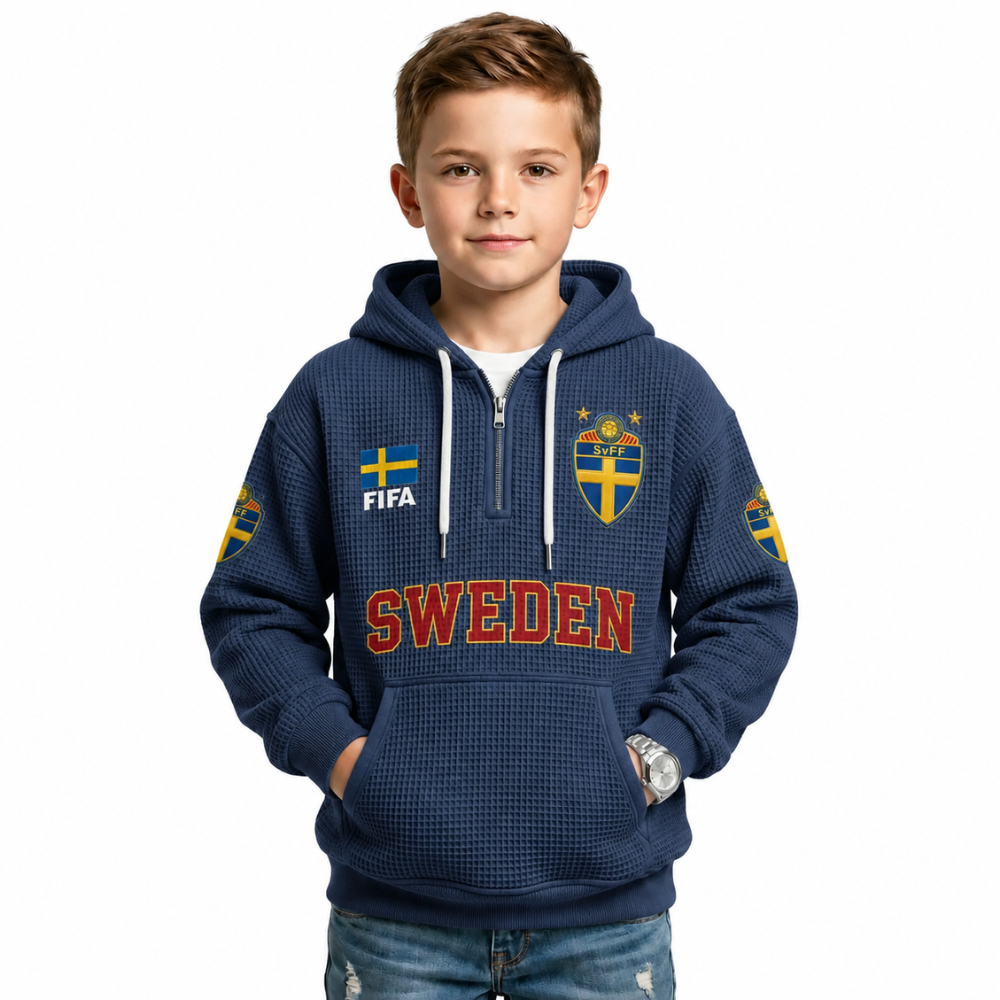 FIFA 2026 Sweden Printed Waffle Quarter Zip Kids Football Fan Hoodie
