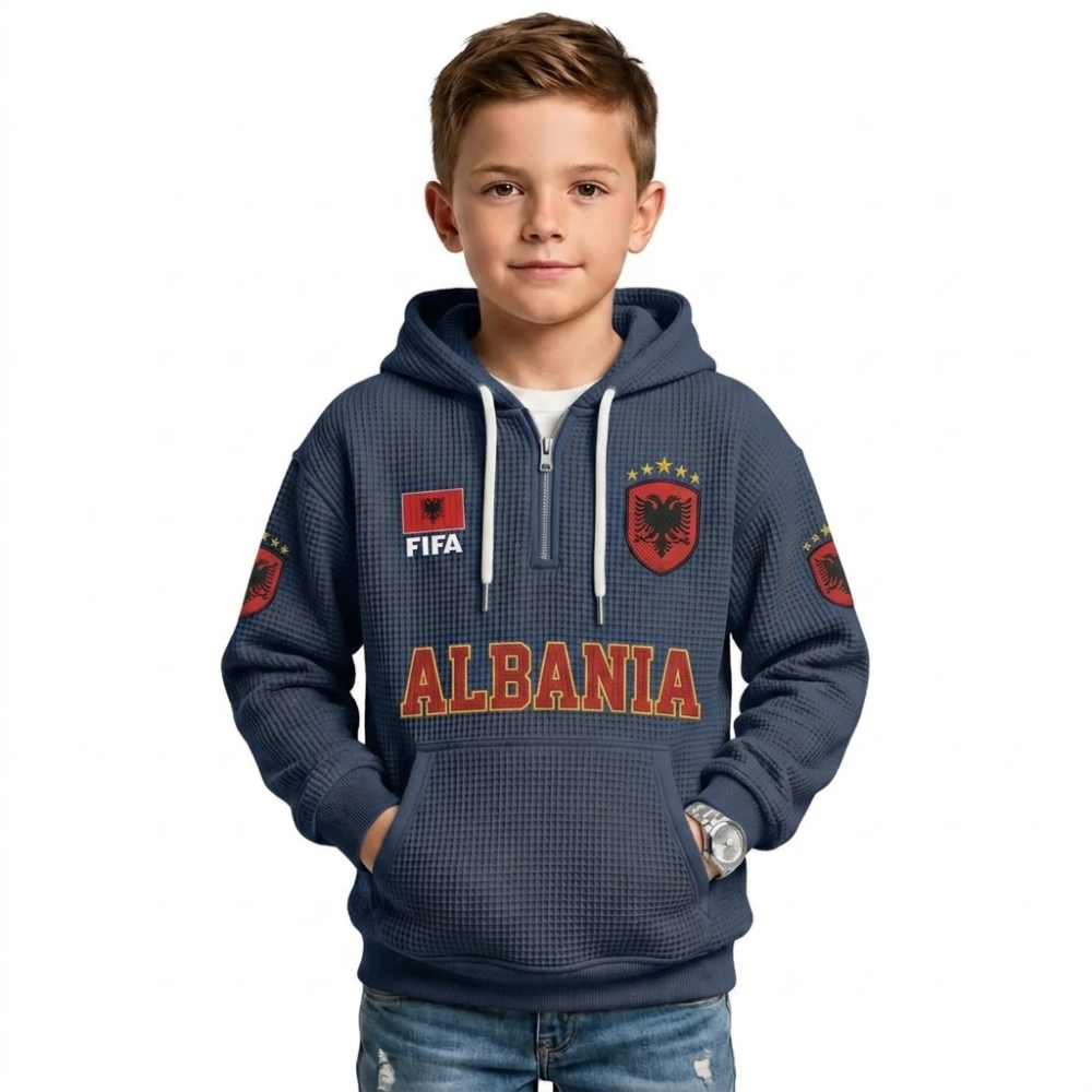FIFA 2026 Albania Printed Waffle Quarter Zip Kids Football Fan Hoodie