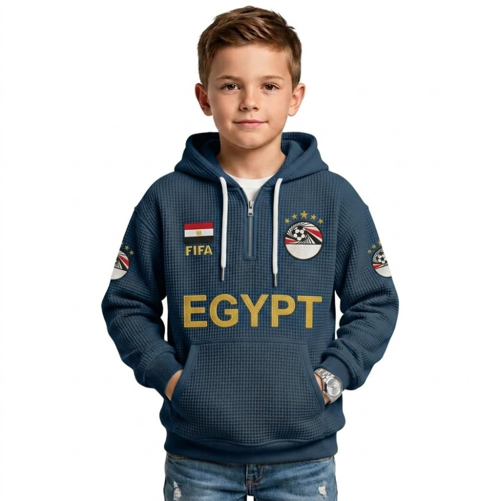 FIFA 2026 Egypt Printed Waffle Quarter Zip Kids Football Fan Hoodie