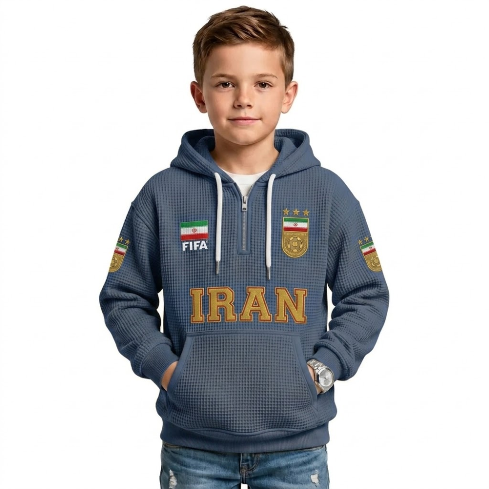 FIFA 2026 Iran Printed Waffle Quarter Zip Kids Football Fan Hoodie